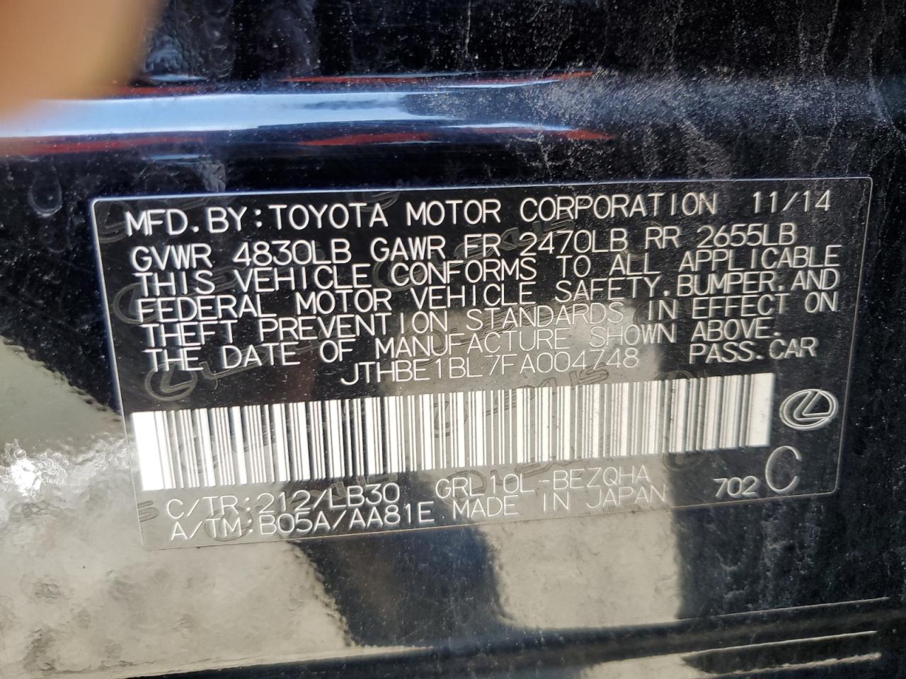 2015 Lexus GS VIN JTHBE1BL7FA004748 Copart auction photo, rear end / minor dent/scratches damage thumbnail 12