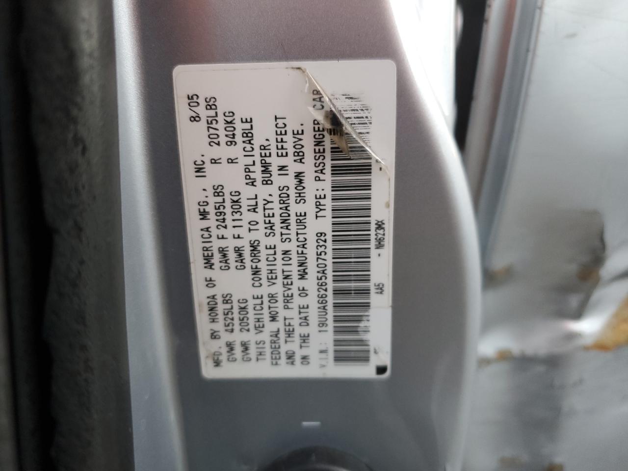 2005 Acura TL VIN 19UUA66265A075329 Copart auction photo, side damage thumbnail 12