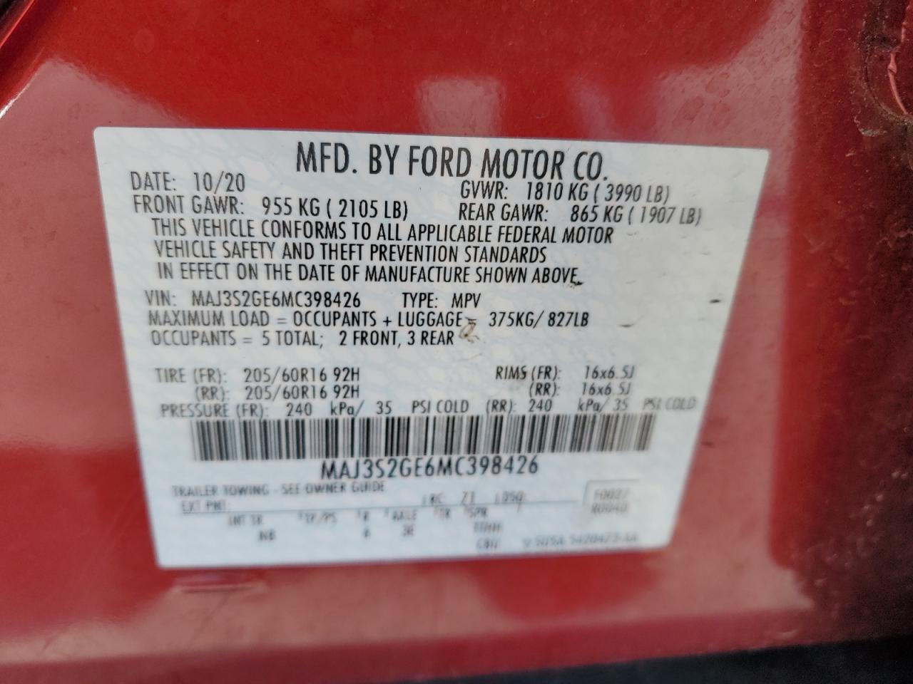 2021 Ford EcoSport VIN MAJ3S2GE6MC398426 Copart auction photo, rear end damage thumbnail 14