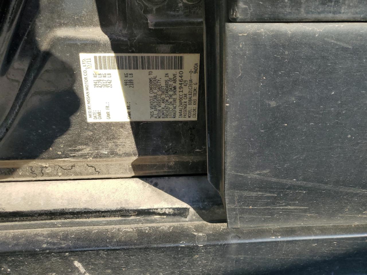 2012 Nissan Altima VIN 1N4AL2AP0CC194640 Copart auction photo, front end damage thumbnail 14