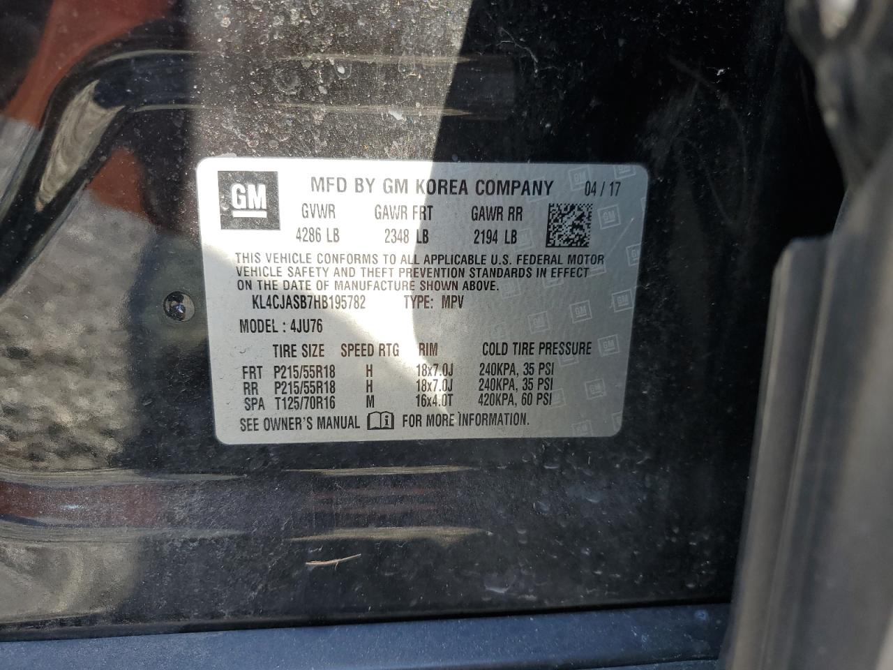 2017 Buick Encore VIN KL4CJASB7HB195782 Copart auction photo, front end damage thumbnail 14