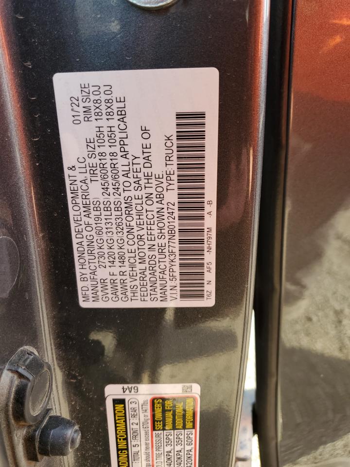 2022 Honda Ridgeline VIN 5FPYK3F77NB012472 Copart auction photo, front end / minor dent/scratches damage thumbnail 13