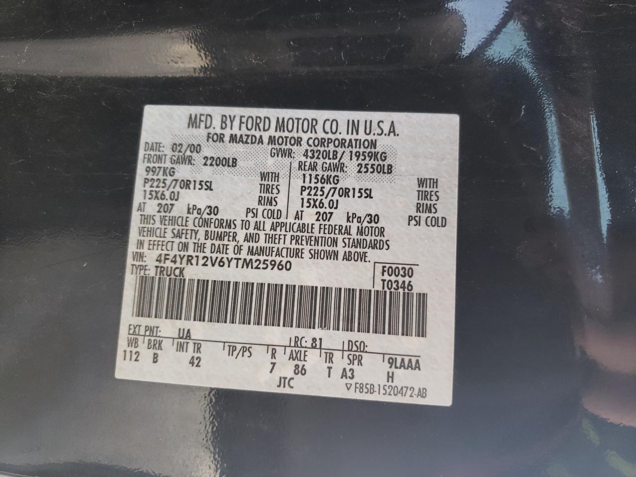 2000 Mazda B-series VIN 4F4YR12V6YTM25960 Copart auction photo, front end damage thumbnail 12