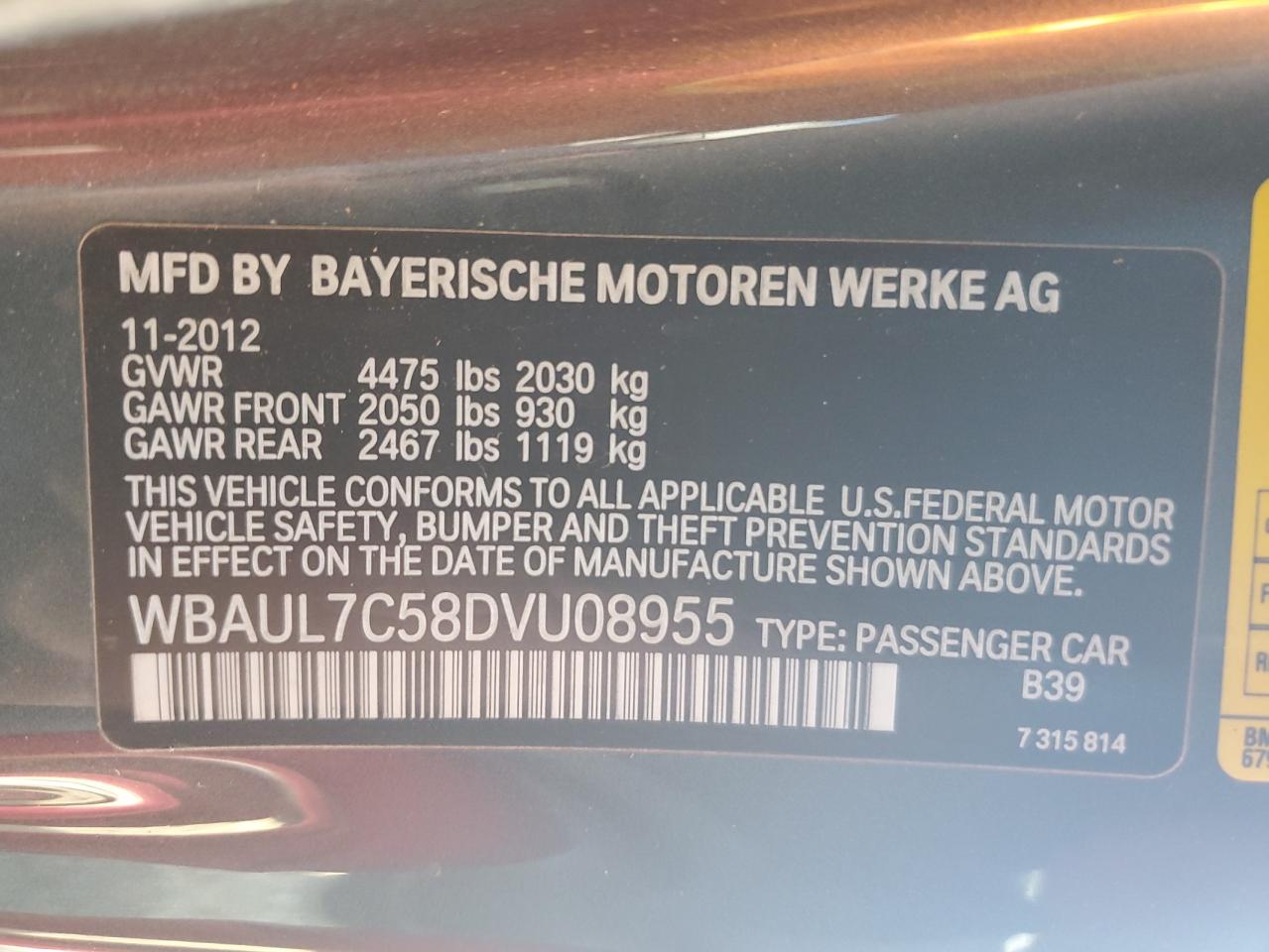 2013 BMW 1er VIN WBAUL7C58DVU08955 Copart auction photo, rear end damage thumbnail 12