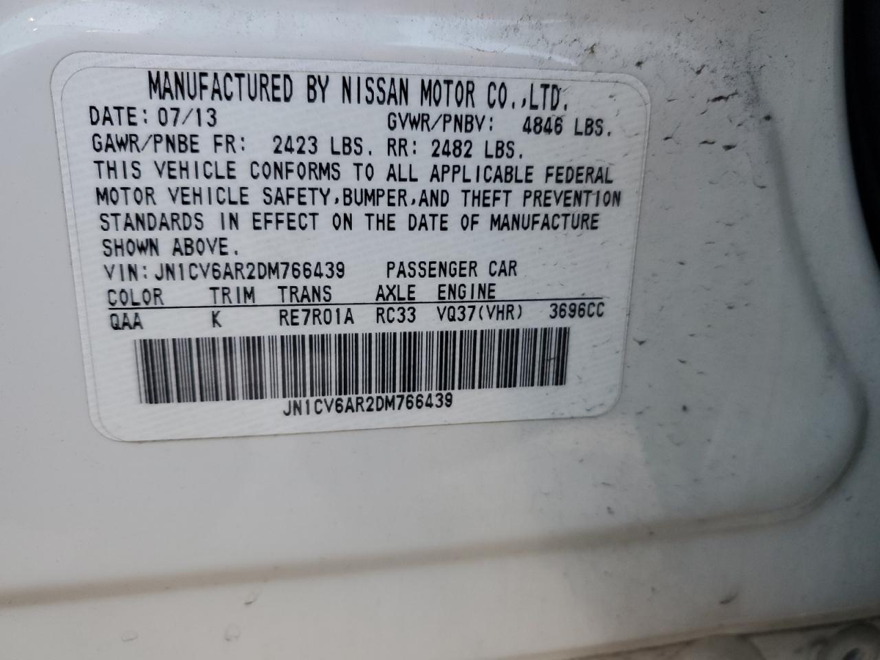 2013 Infiniti G VIN JN1CV6AR2DM766439 Copart auction photo, rear end / side damage thumbnail 13