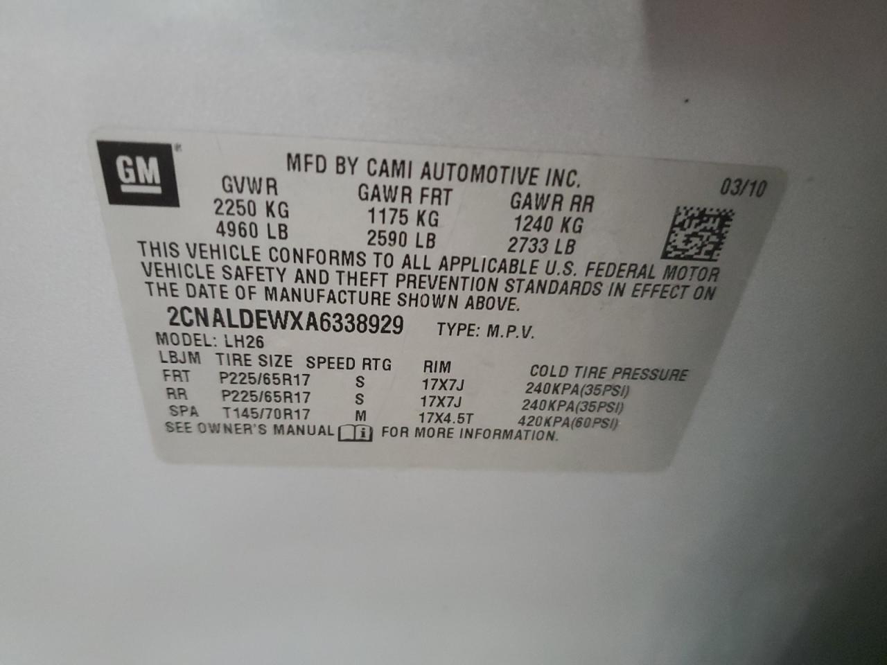 2010 Chevrolet Equinox VIN 2CNALDEWXA6338929 Copart auction photo, rear end / side damage thumbnail 15