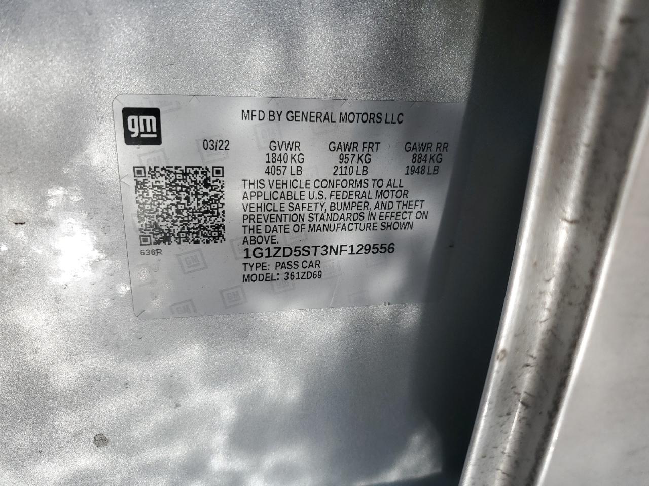 2022 Chevrolet Malibu VIN 1G1ZD5ST3NF129556 Copart auction photo, frame damage / front end damage thumbnail 14