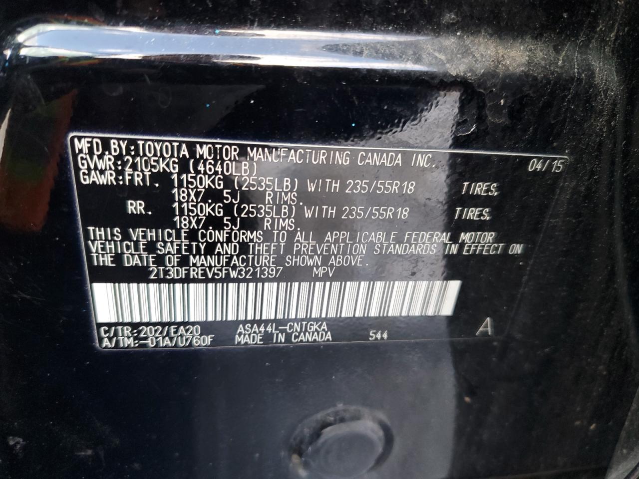 2015 Toyota RAV 4 VIN 2T3DFREV5FW321397 Copart auction photo, front end / undercarriage damage thumbnail 13