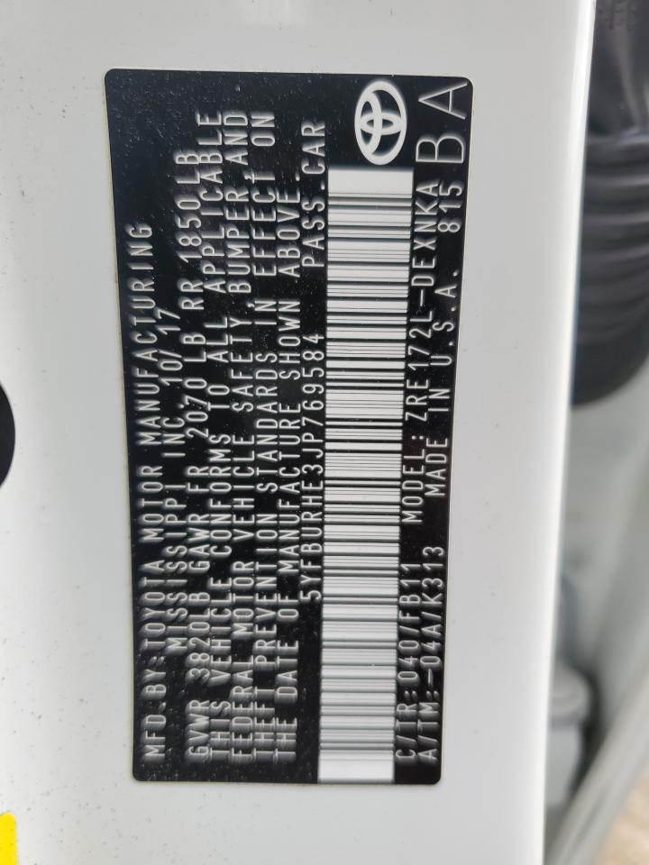 2018 Toyota Corolla VIN 5YFBURHE3JP769584 Copart auction photo, rear end damage thumbnail 12