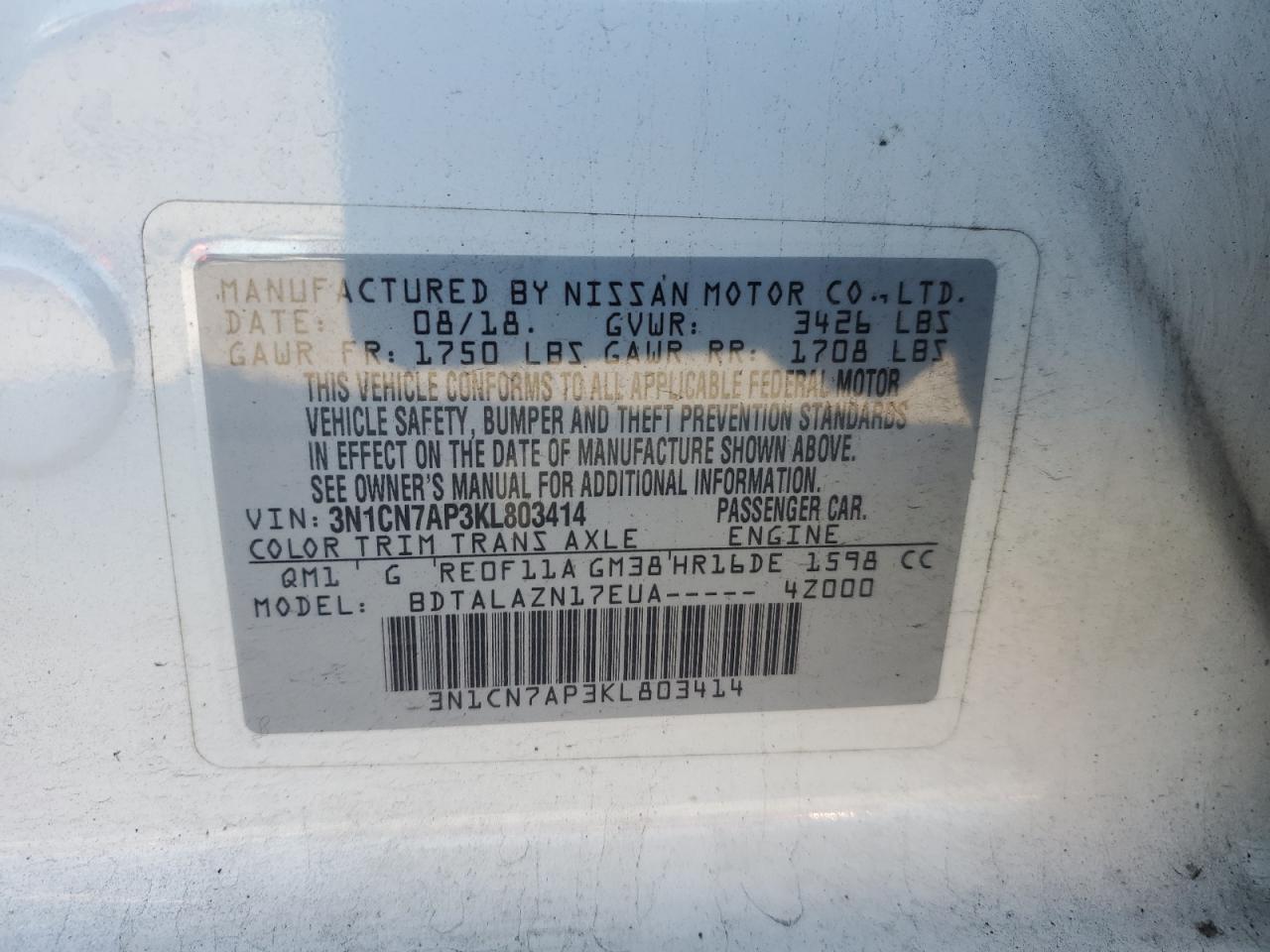 2019 Nissan Versa VIN 3N1CN7AP3KL803414 Copart auction photo, front end damage thumbnail 13