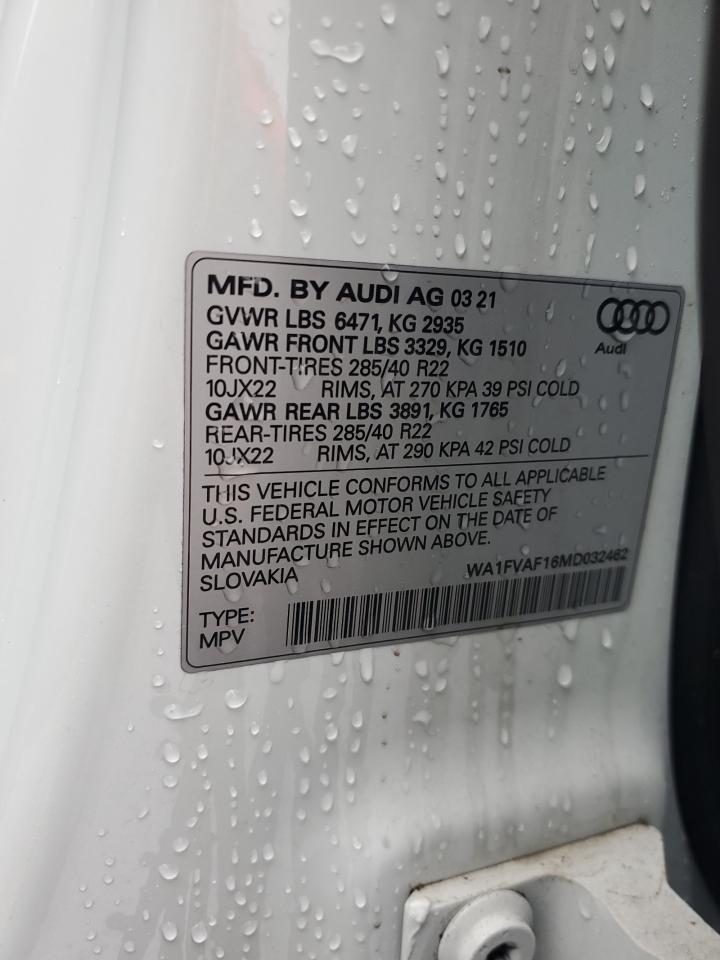 2021 Audi Q8 VIN WA1FVAF16MD032462 Copart auction photo, front end damage thumbnail 13