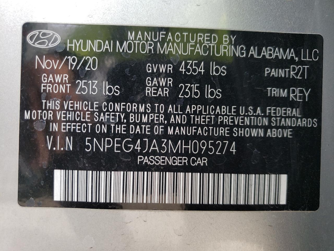 2021 Hyundai Sonata VIN 5NPEG4JA3MH095274 Copart auction photo, front end / side damage thumbnail 13