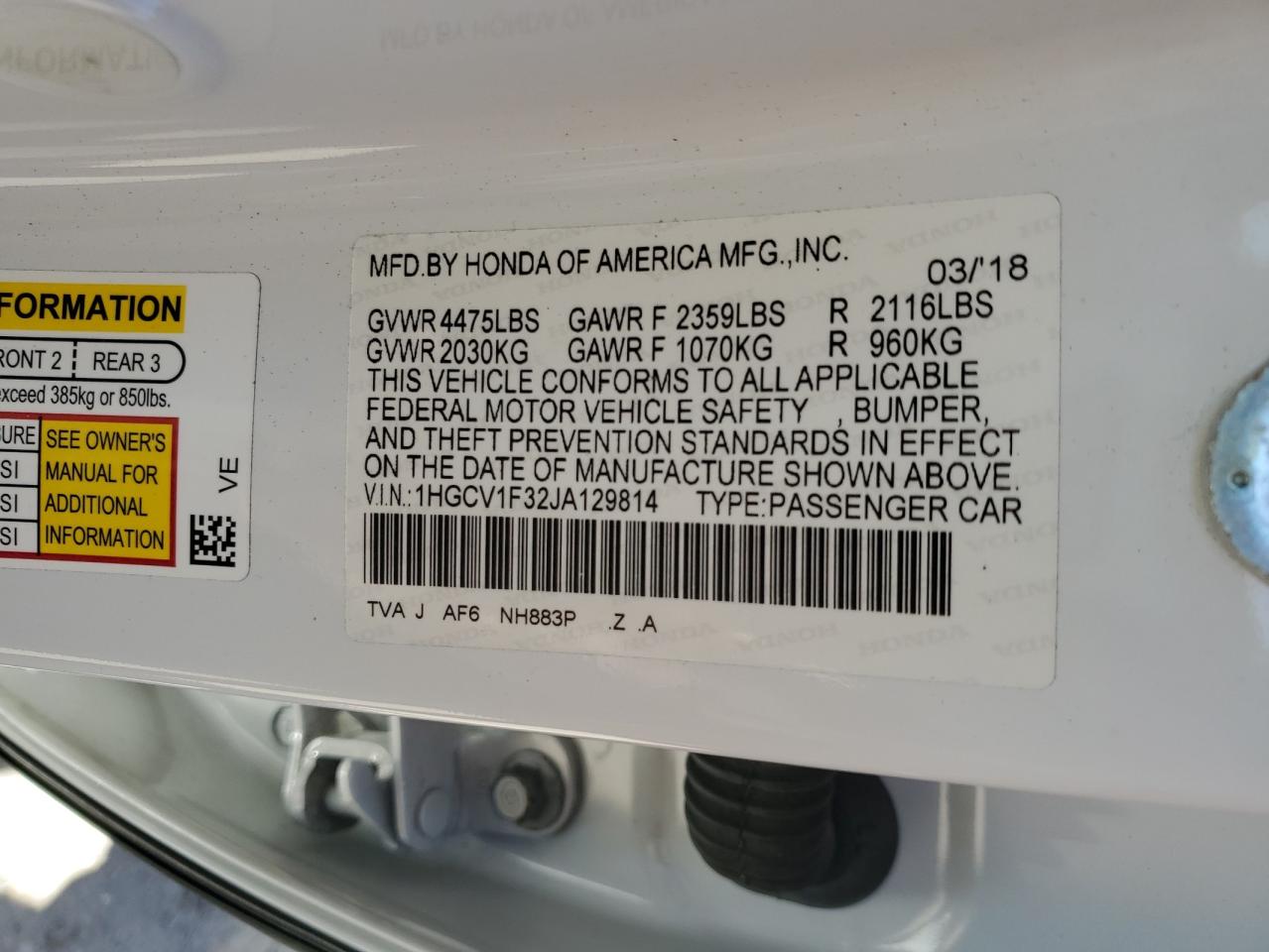 2018 Honda Accord VIN 1HGCV1F32JA129814 Copart auction photo, water/flood damage thumbnail 13