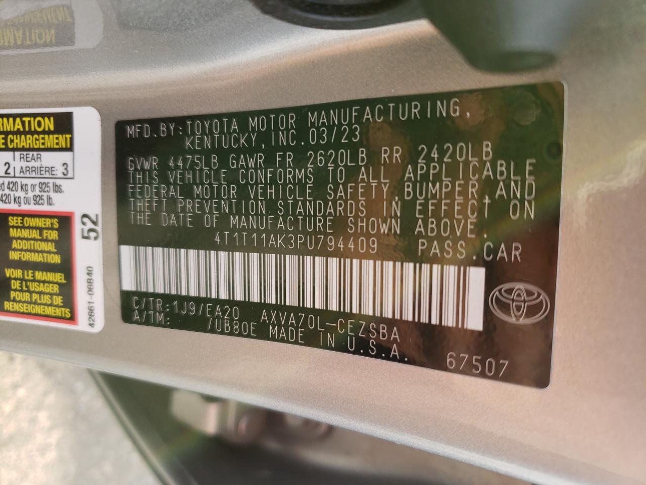 2023 Toyota Camry VIN 4T1T11AK3PU794409 Copart auction photo, all over damage thumbnail 12