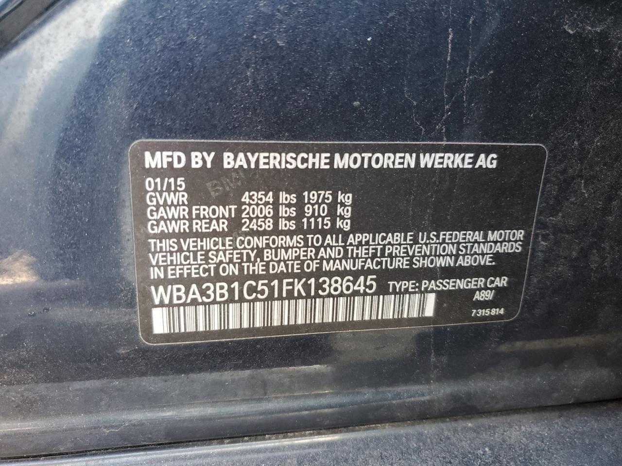 2015 BMW 3er VIN WBA3B1C51FK138645 Copart auction photo, front end damage thumbnail 12