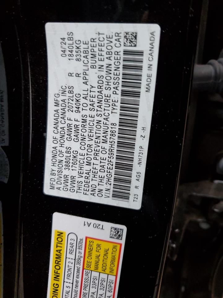 2024 Honda Civic VIN 2HGFE2F59RH578618 Copart auction photo, front end / side damage thumbnail 12