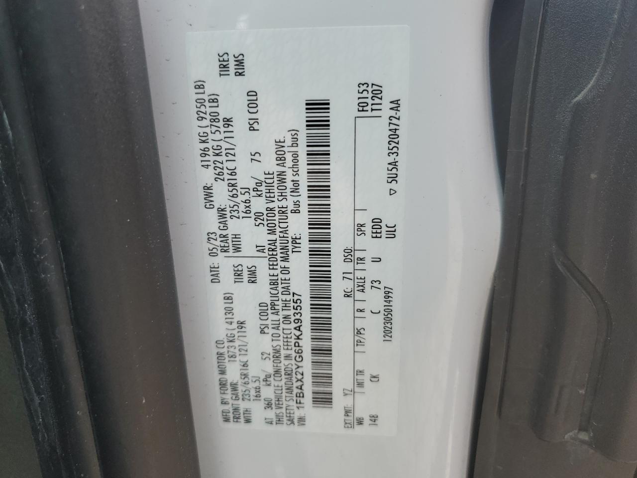 2023 Ford Transit VIN 1FBAX2YG6PKA93557 Copart auction photo, rollover damage thumbnail 14