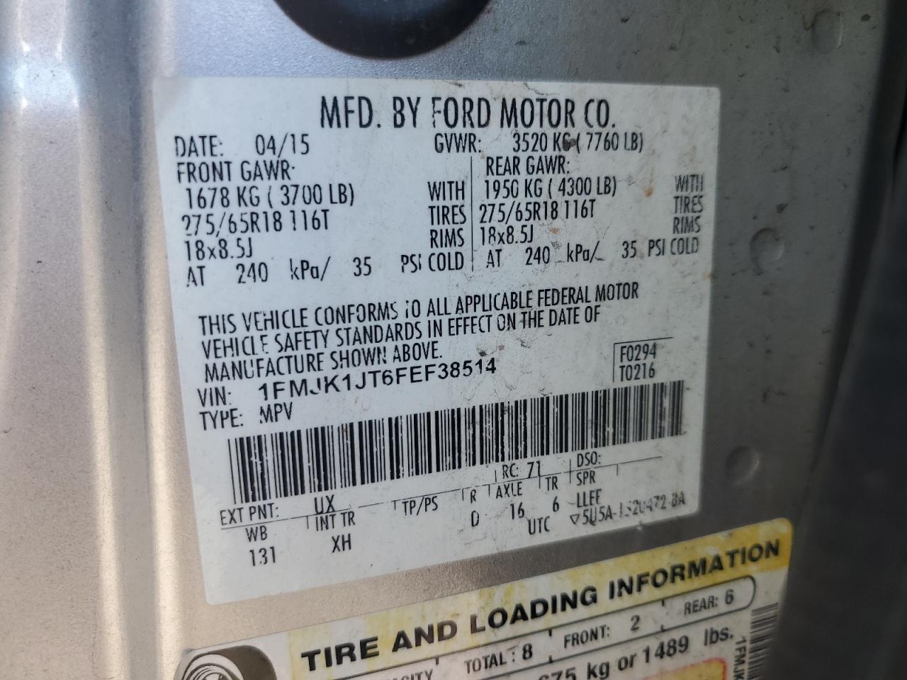 2015 Ford Expedition VIN 1FMJK1JT6FEF38514 Copart auction photo, front end / minor dent/scratches damage thumbnail 13