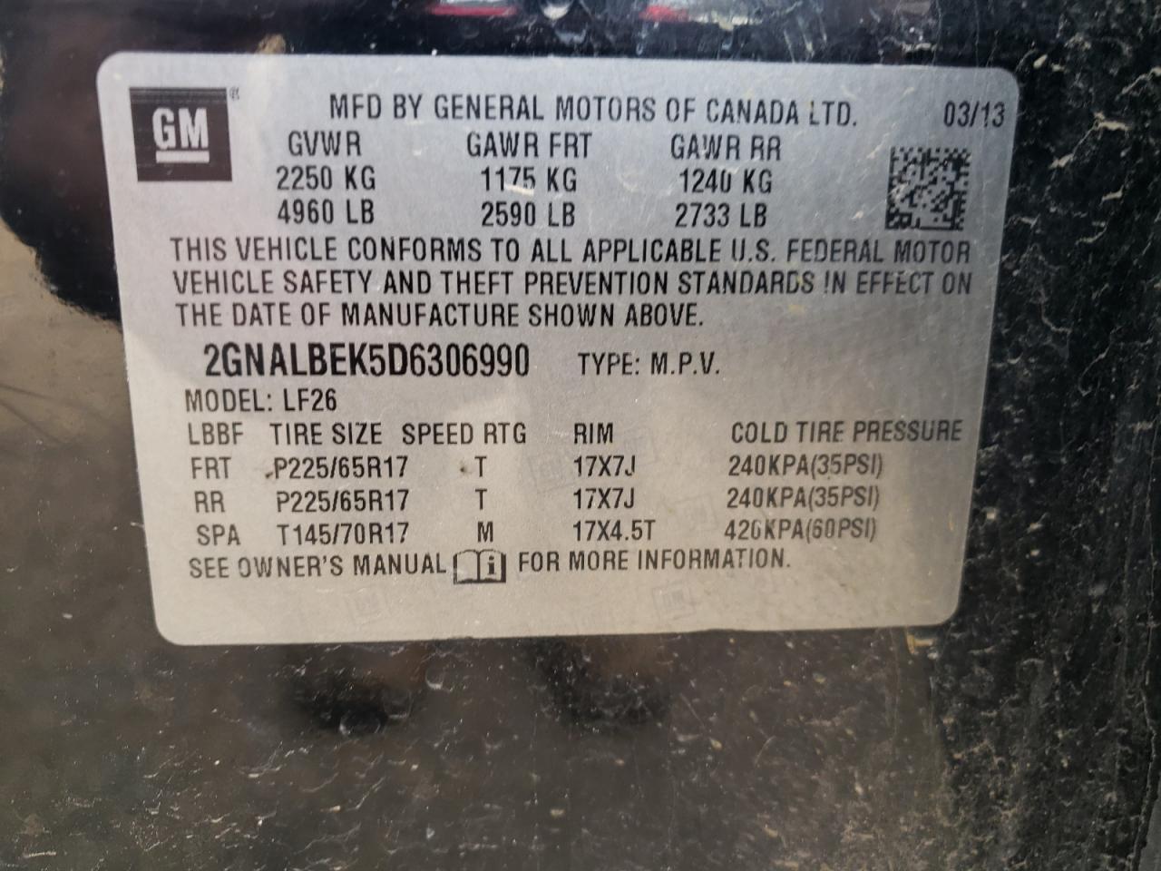 2013 Chevrolet Equinox VIN 2GNALBEK5D6306990 Copart auction photo, front end damage thumbnail 13