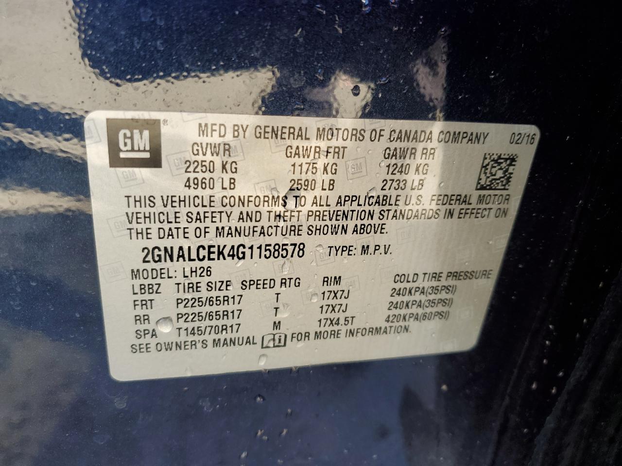 2016 Chevrolet Equinox VIN 2GNALCEK4G1158578 Copart auction photo, rear end damage thumbnail 13