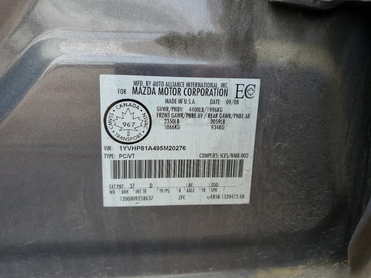 2009 Mazda 6 VIN 1YVHP81A495M20276 Copart auction photo, undercarriage / front end damage thumbnail 12