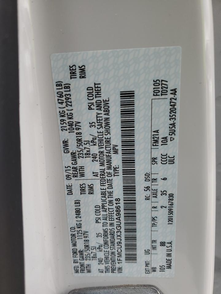 2016 Ford Escape VIN 1FMCU9JX3GUA98618 Copart auction photo, front end damage thumbnail 15