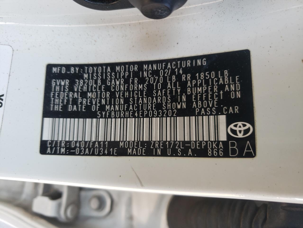 2014 Toyota Corolla VIN 5YFBURHE4EP093202 Copart auction photo, all over / top/roof damage thumbnail 14