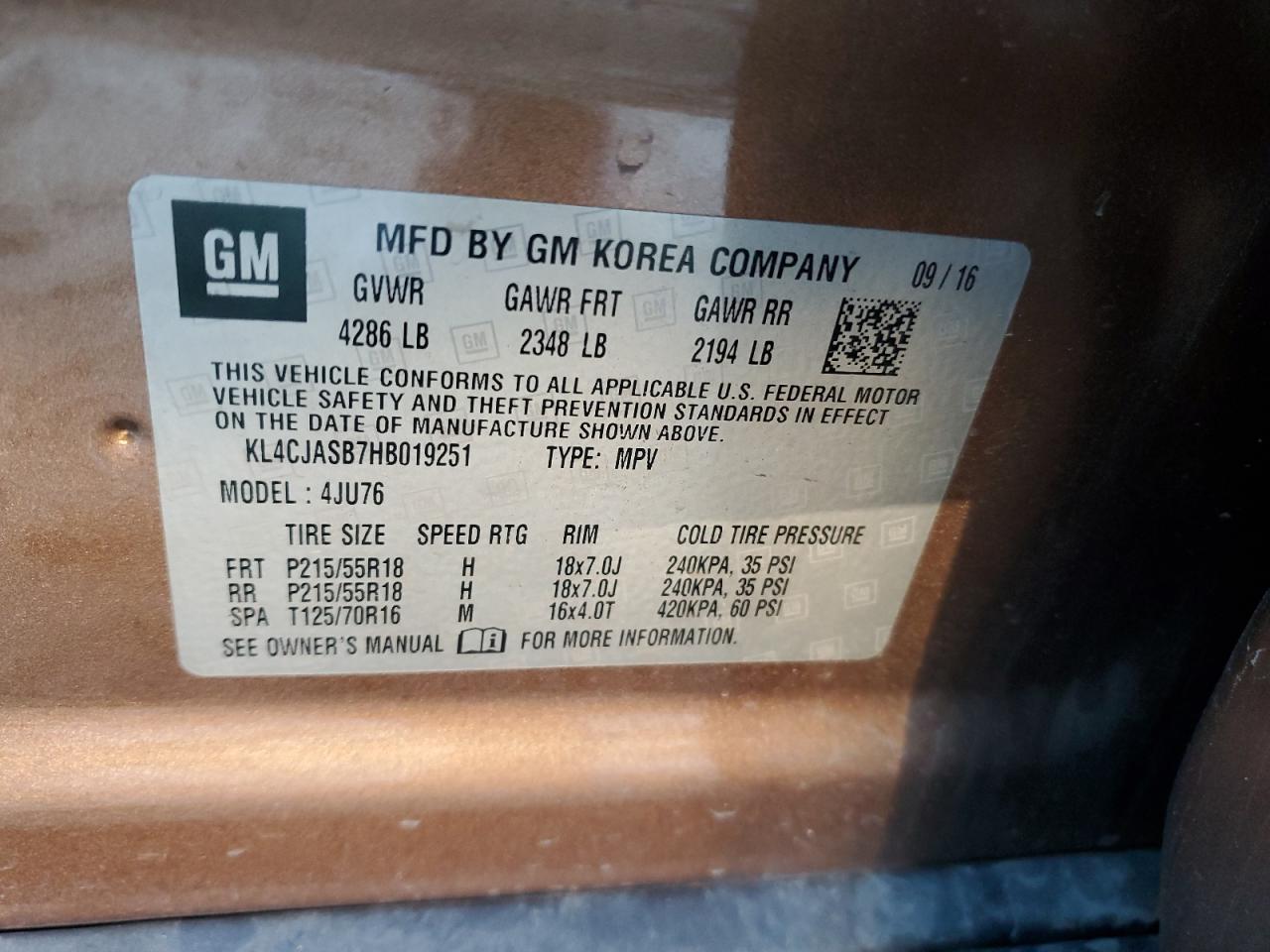 2017 Buick Encore VIN KL4CJASB7HB019251 Copart auction photo, rear end / all over damage thumbnail 15