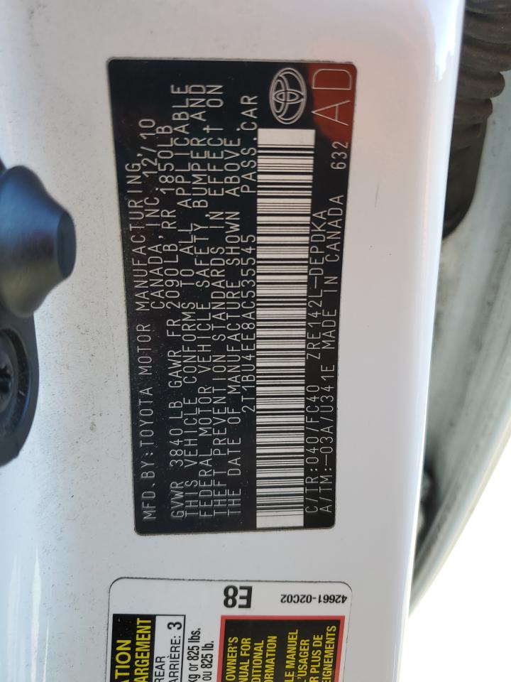 2010 Toyota Corolla VIN 2T1BU4EE8AC535545 Copart auction photo, front end / side damage thumbnail 12