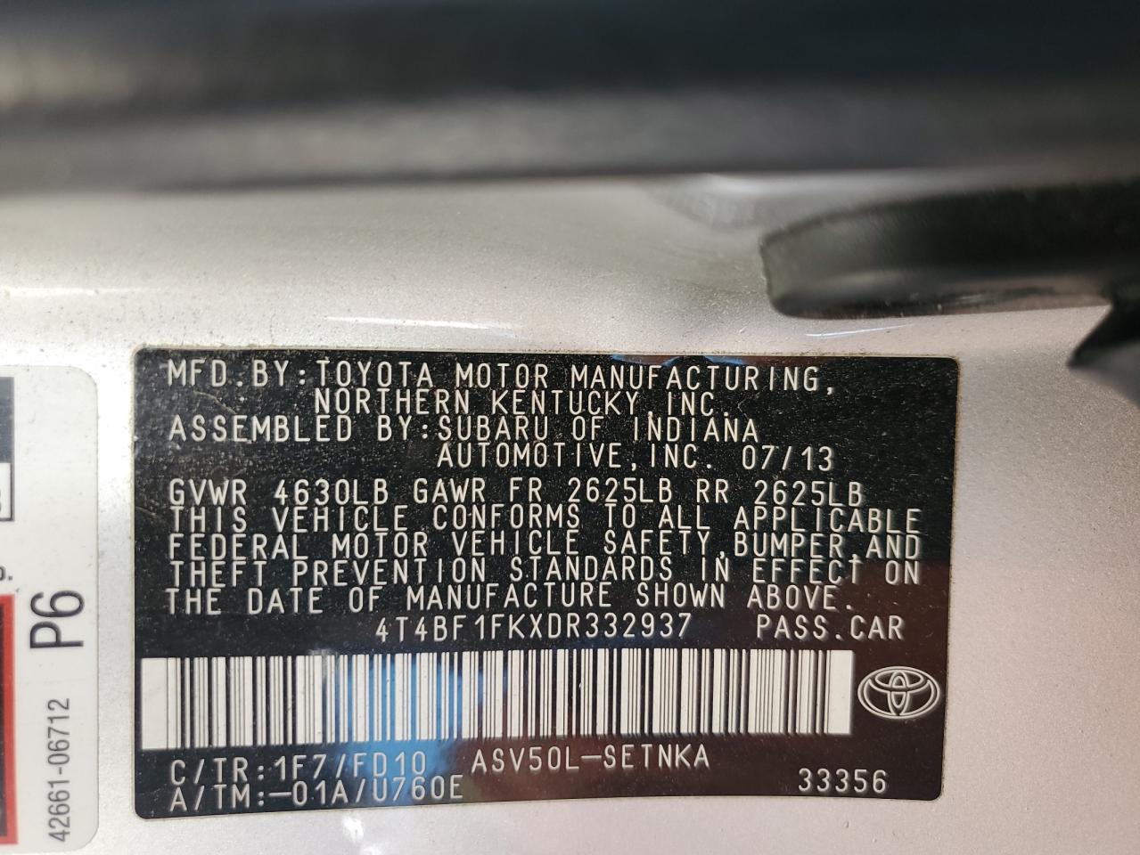 2013 Toyota Camry VIN 4T4BF1FKXDR332937 Copart auction photo, front end / minor dent/scratches damage thumbnail 13