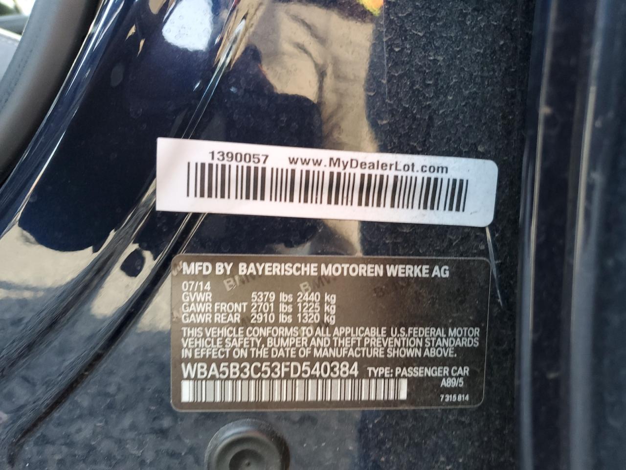 2015 BMW 5er VIN WBA5B3C53FD540384 Copart auction photo, front end damage thumbnail 12