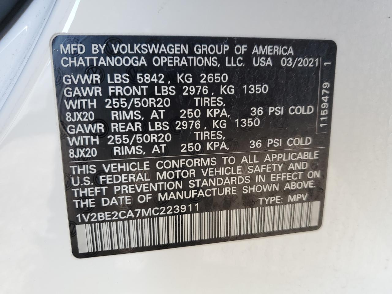 2021 Volkswagen Atlas VIN 1V2BE2CA7MC223911 Copart auction photo, side / front end damage thumbnail 13