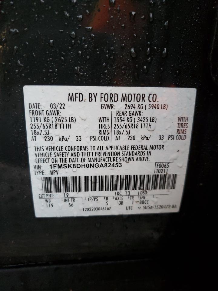 2022 Ford Explorer VIN 1FMSK8DH0NGA82453 Copart auction photo, front end / side damage thumbnail 14