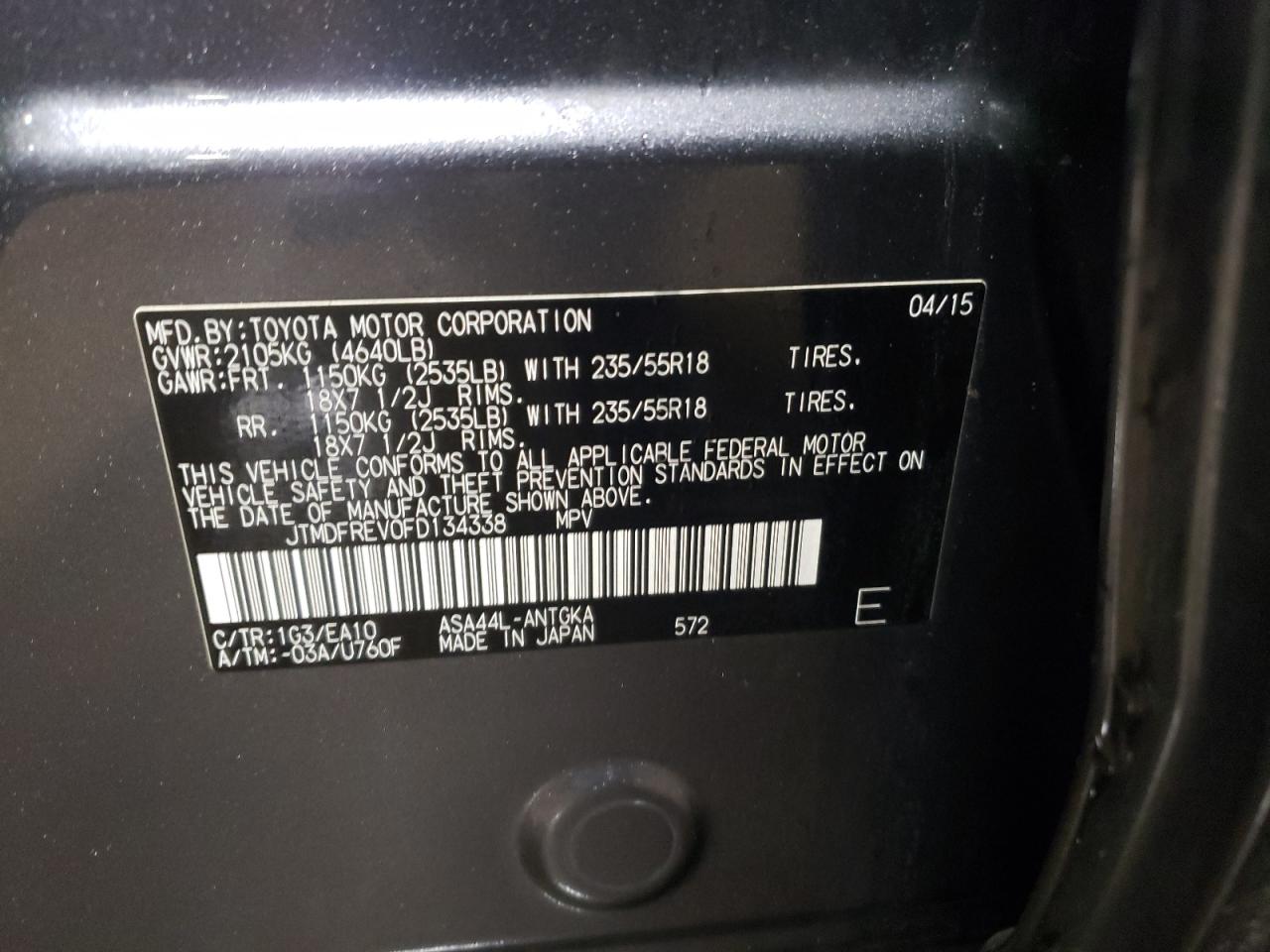 2015 Toyota RAV 4 VIN JTMDFREV0FD134338 Copart auction photo, rear end / side damage thumbnail 14