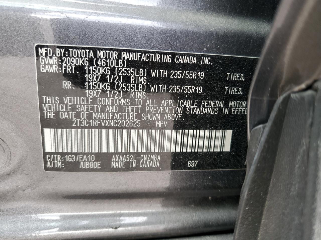 2022 Toyota RAV 4 VIN 2T3C1RFVXNC202625 Copart auction photo, side / front end damage thumbnail 13