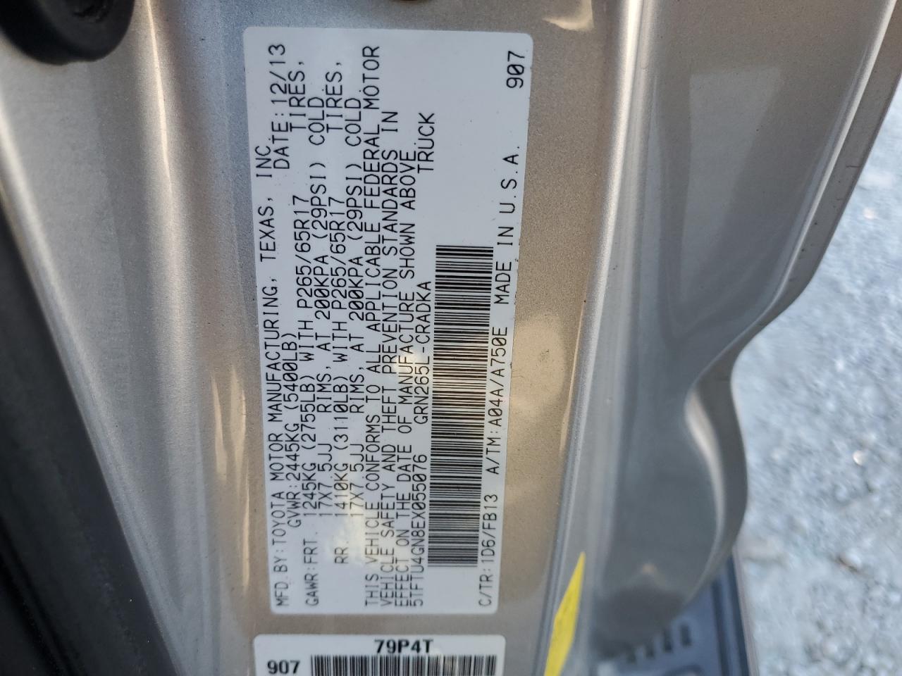 2014 Toyota Tacoma VIN 5TFTU4GN8EX055076 Copart auction photo, water/flood / top/roof damage thumbnail 13