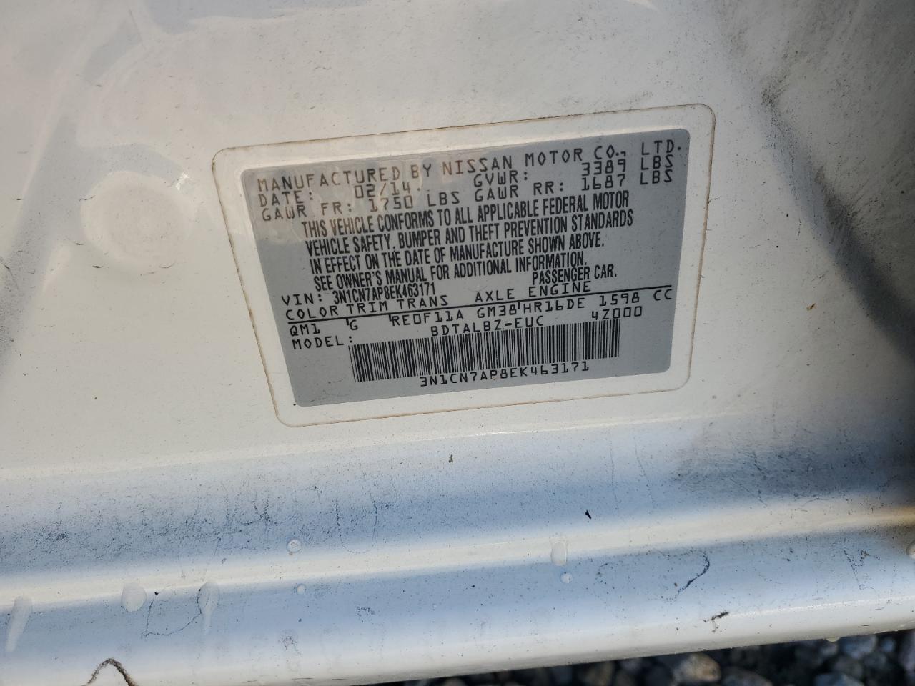 2014 Nissan Versa VIN 3N1CN7AP8EK463171 Copart auction photo, minor dent/scratches damage thumbnail 12