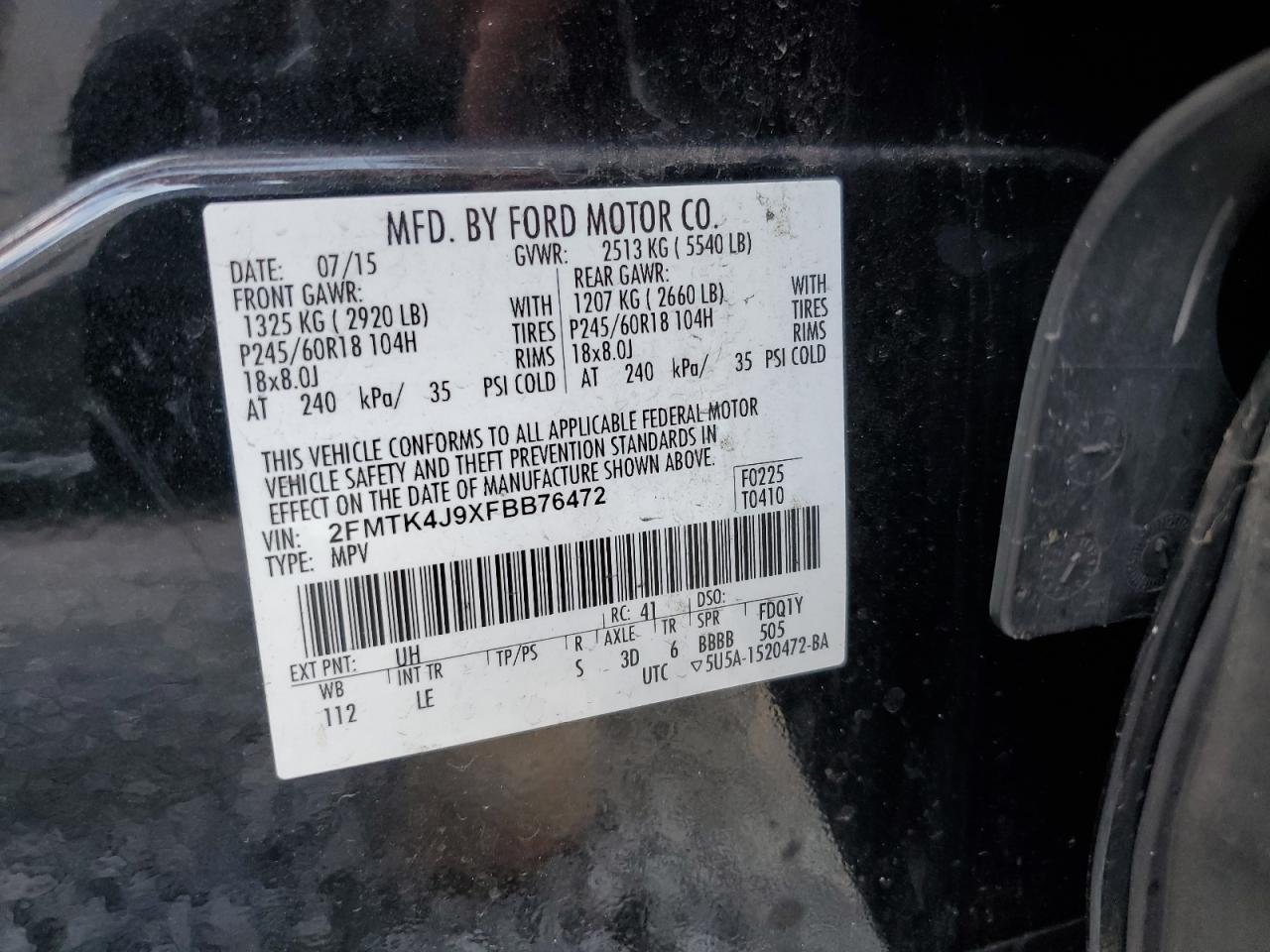 2015 Ford Edge VIN 2FMTK4J9XFBB76472 Copart auction photo, undercarriage / rear end damage thumbnail 13