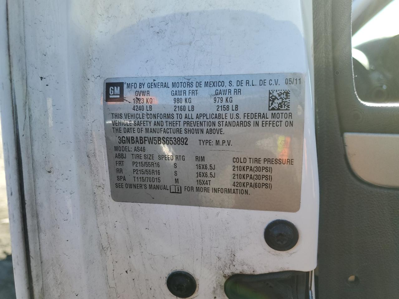 2011 Chevrolet HHR VIN 3GNBABFW5BS653892 Copart auction photo, front end damage thumbnail 12