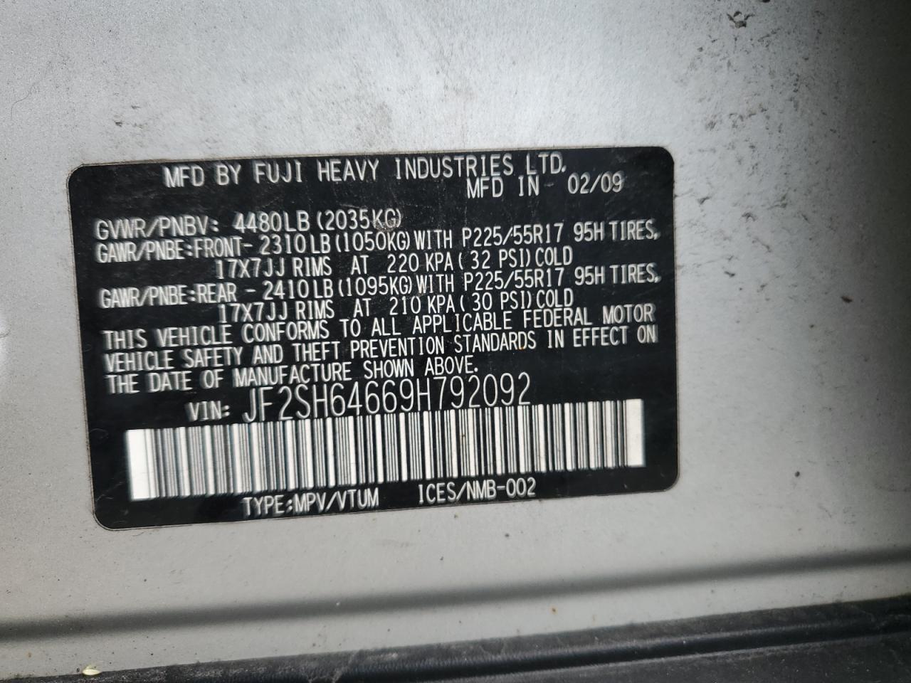 2009 Subaru Forester VIN JF2SH64669H792092 Copart auction photo, front end damage thumbnail 12