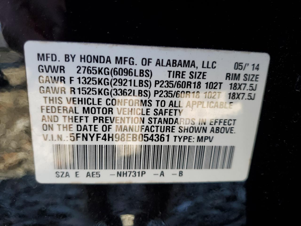 2014 Honda Pilot VIN 5FNYF4H98EB054361 Copart auction photo, water/flood / top/roof damage thumbnail 13