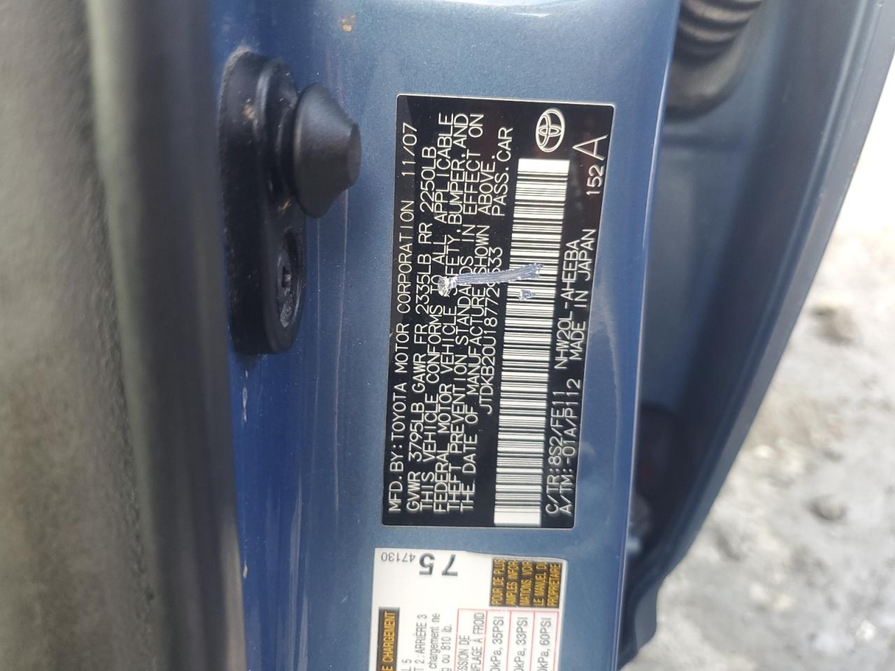 2008 Toyota Prius VIN JTDKB20U187729533 Copart auction photo, front end / side damage thumbnail 14