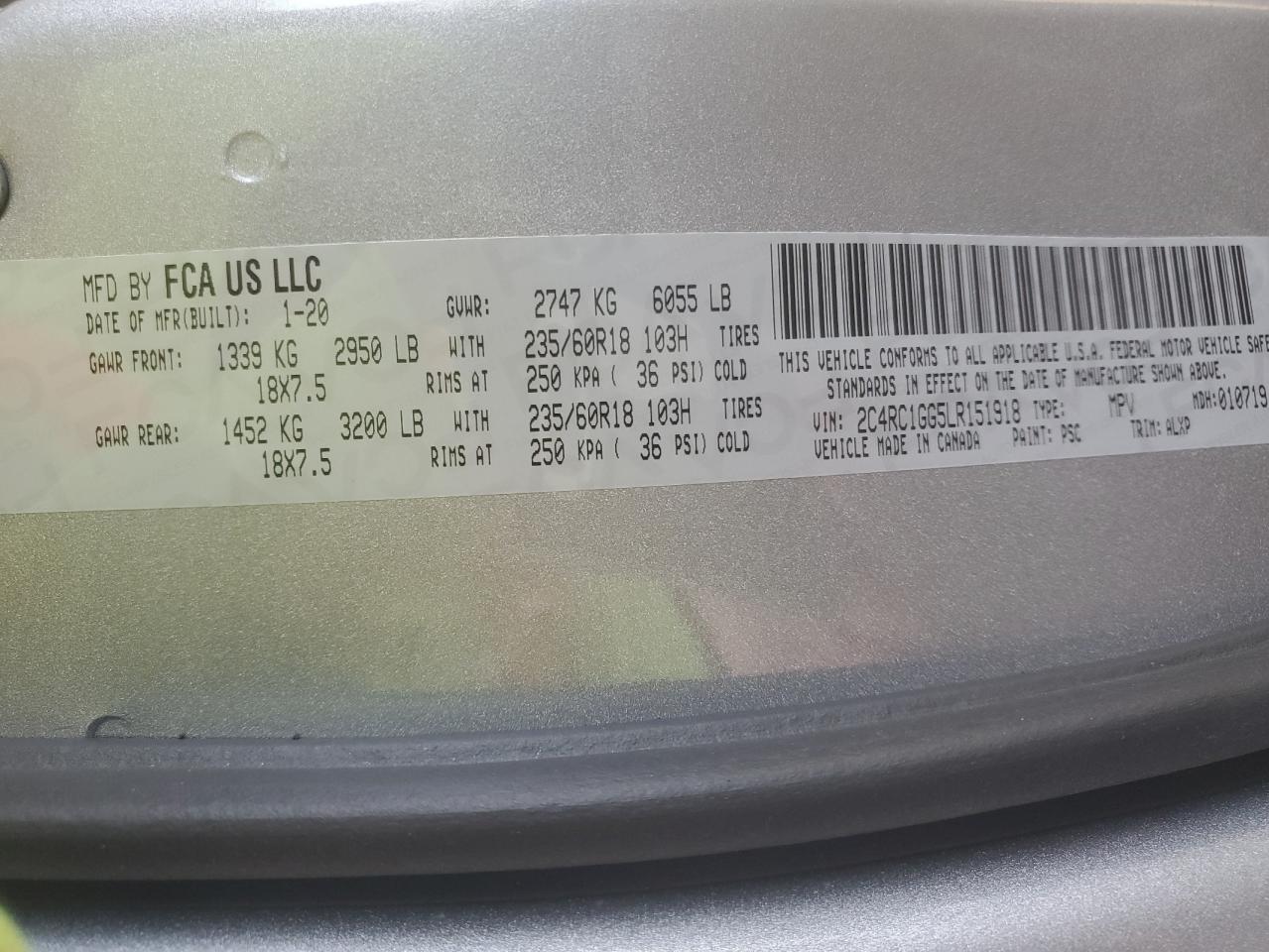 2020 Chrysler Pacifica VIN 2C4RC1GG5LR151918 Copart auction photo, front end / rejected repair damage thumbnail 14