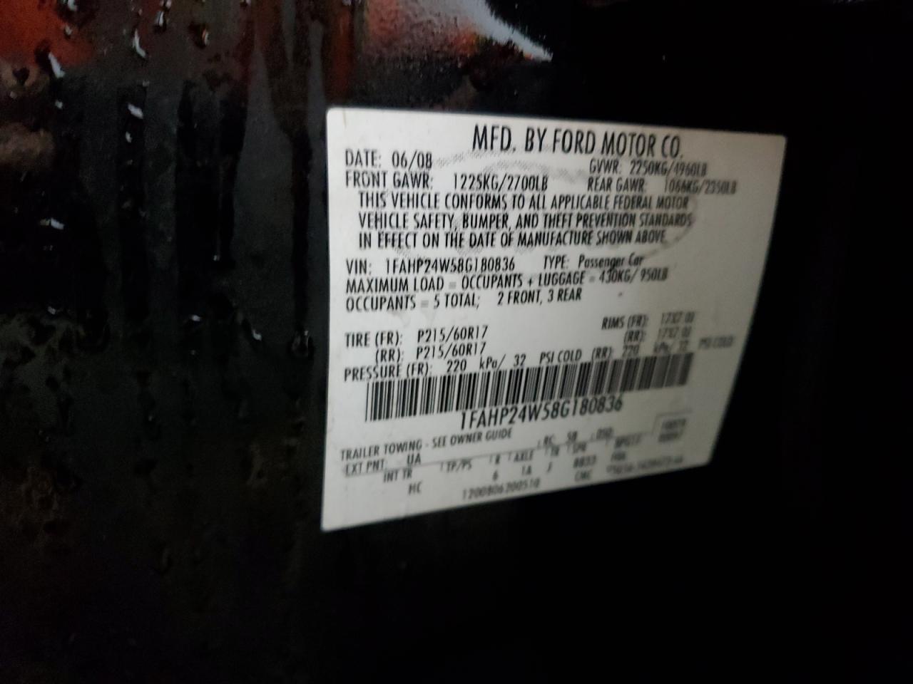 2008 Ford Taurus VIN 1FAHP24W58G180836 Copart auction photo, rear end damage thumbnail 12