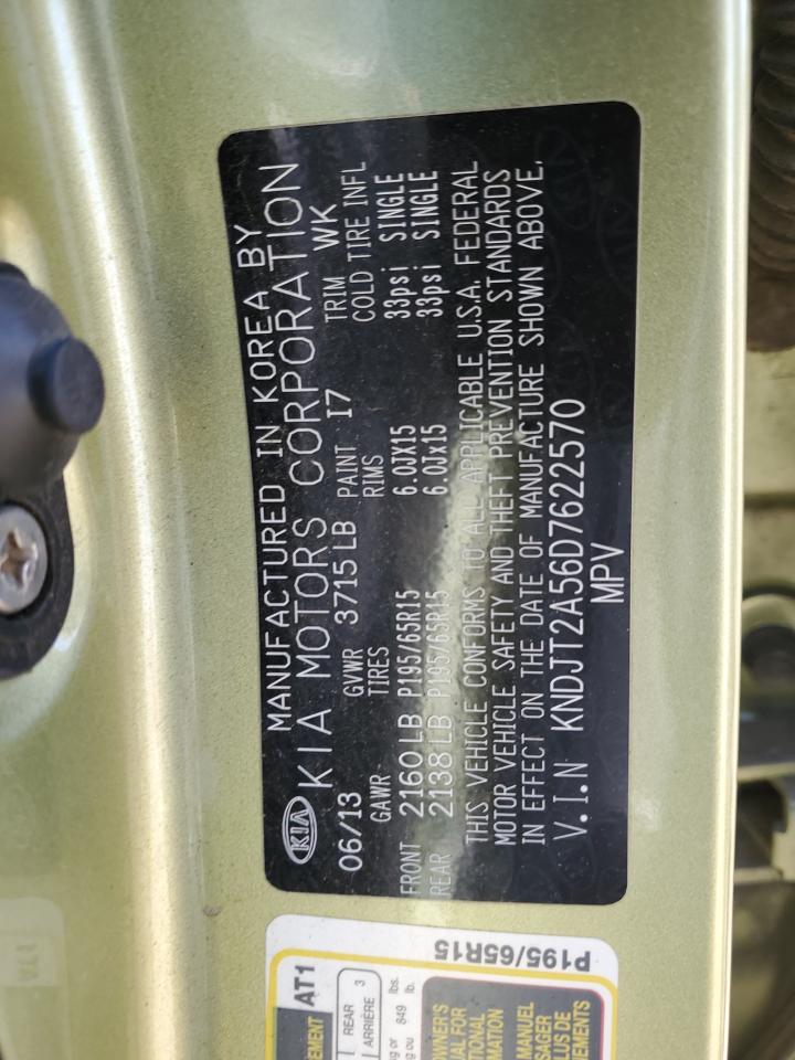 2013 KIA Soul VIN KNDJT2A56D7622570 Copart auction photo, rear end / side damage thumbnail 12