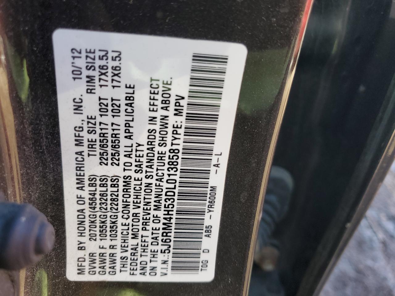 2013 Honda CR-V VIN 5J6RM4H53DL013858 Copart auction photo, mechanical damage thumbnail 12