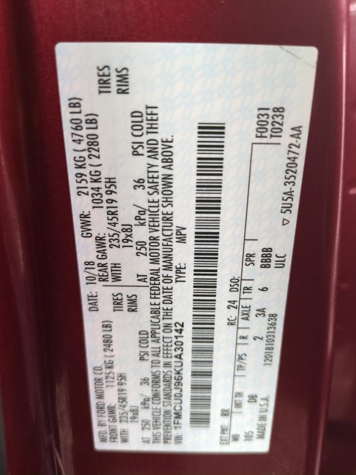 2019 Ford Escape VIN 1FMCU0J96KUA30142 Copart auction photo, water/flood damage thumbnail 14