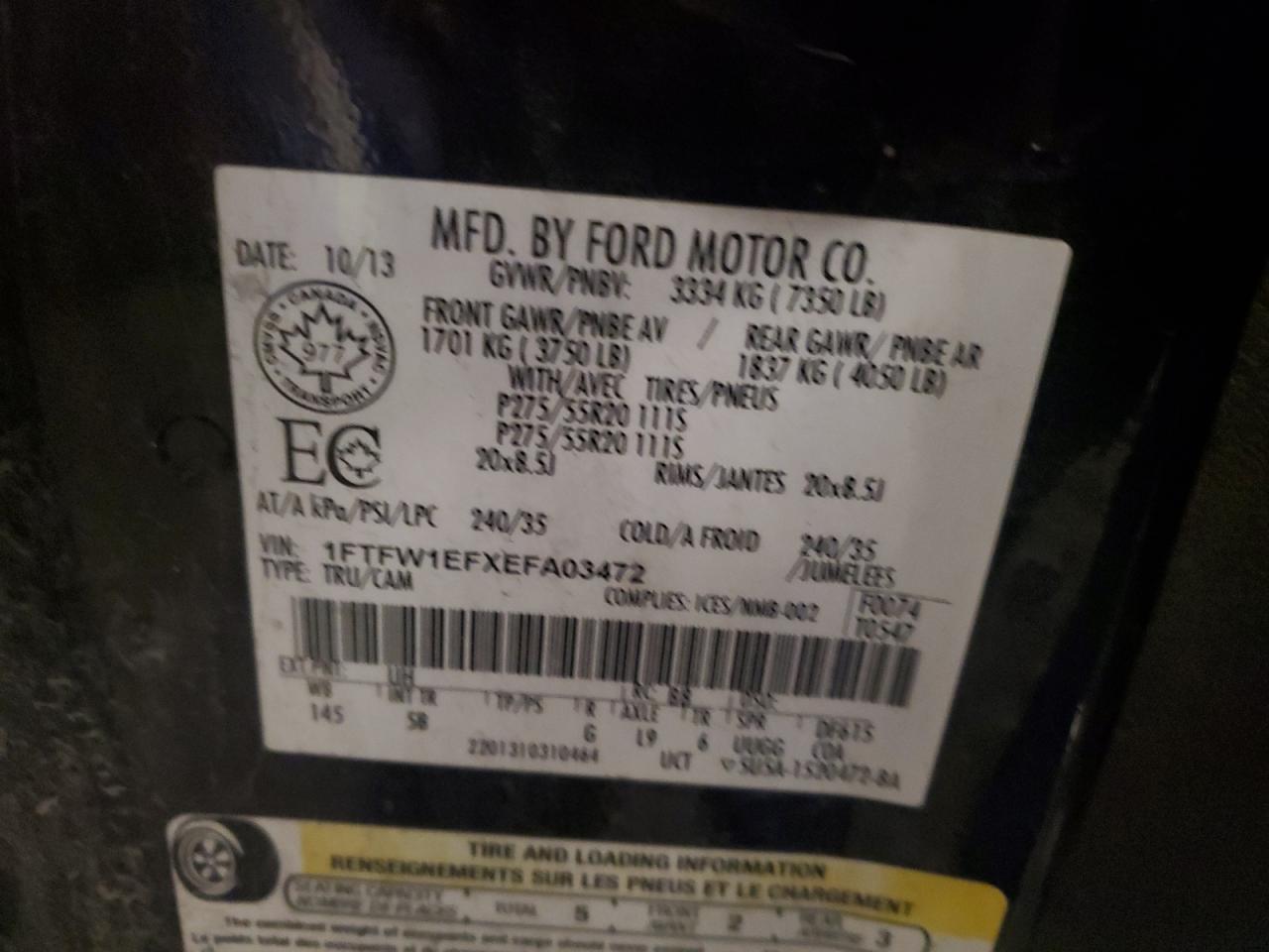 2014 Ford F-150 VIN 1FTFW1EFXEFA03472 Copart auction photo, front end damage thumbnail 12