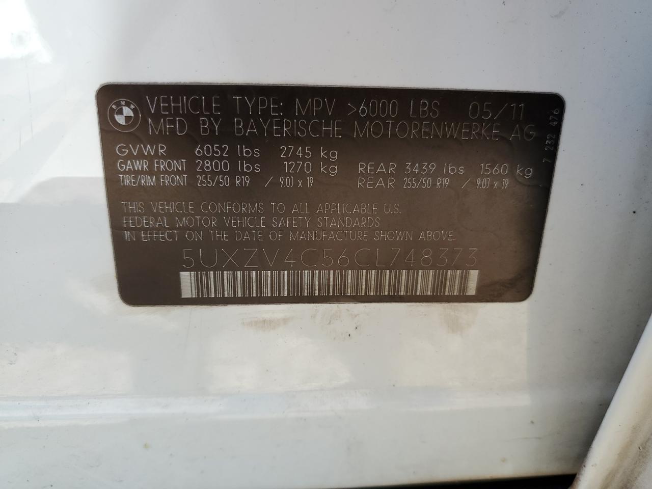 2012 BMW X5 VIN 5UXZV4C56CL748373 Copart auction photo, front end / rear end damage thumbnail 13