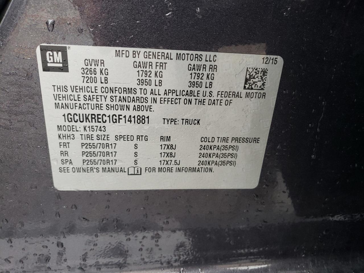 2016 Chevrolet Silverado VIN 1GCUKREC1GF141881 Copart auction photo, front end damage thumbnail 12